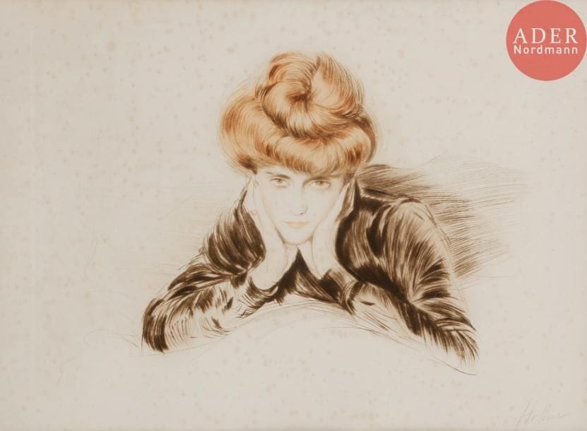 Paul-César Helleu (1859-1927)
Le Visage encadré (Madame Helleu). Vers 1900. Pointe sèche. 400 x 275. Impression en couleurs. Très belle épreuve sur vélin blanc fort, signée au crayon. Innombrables rousseurs claires. Marges. Cadre.