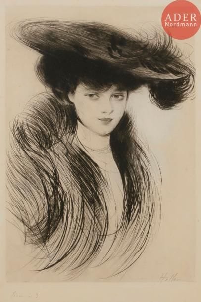 Paul-César Helleu (1859-1927)
Femme en chapeau. Pointe sèche. 273 x 395. Très belle épreuve sur vélin crème, signée au crayon puis annotée « tirée à 3 ». Quelques rares rousseurs claires. Belles marges. Cadre.