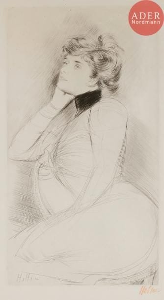 Paul-César Helleu (1859-1927)
Femme au fauteuil, une main à la joue. Pointe sèche. 230 x 430. Très belle épreuve sur vergé blanc, soigneusement lavée et pressée (le coup de planche affaibli), signée à la sanguine (signature légèrement délavée par le nettoyage). Marges. Cadre.