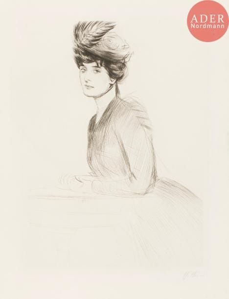Paul-César Helleu (1859-1927)
Femme accoudée à un guéridon. Pointe sèche. 294 x 400. Belle épreuve sur vélin, soigneusement lavée et pressée (le coup de planche devenu imperceptible), signée au crayon. Belles marges.