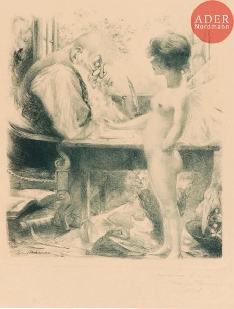 Henri Hermann (actif fin XIXe s.)
L’Amour et le vieil homme. 1898. Lithographie. 270 x 320. Impression en bleu. Parfaite épreuve sur japon, annotée « épreuve d’essai », signée et datée au crayon. L’indentation de la pierre très visible. Toutes marges non ébarbées.
