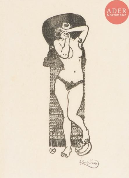 František Kupka (1871-1957)
Nu féminin. (Pl. pour Le Cantique des cantiques). 1905. Bois gravé. 75 x 257. Belle épreuve de tiré à part sur japon vergé mince, timbrée. Toutes marges non ébarbées.