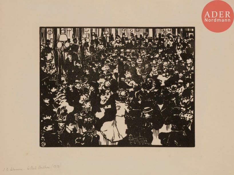 Jean-Émile Laboureur (1877-1943)
Le Bal Bullier. 1898. Bois gravé. 286 x 221. Laboureur 579. Très belle épreuve sur vélin, d’un tirage posthume. Toutes marges.