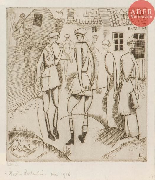 Jean-Émile Laboureur (1877-1943)
L’Arrivée au cantonnement. 1916. Burin. 95 x 102. Laboureur 140. Belle épreuve sur vergé blanc mince, signée au crayon, dédicacée « à X. M. Boulestin – mai 1916 » puis numérotée dans l’angle inférieur droit. Joint : même sujet. Dessin préparatoire à la plume et à l’encre de Chine sur vélin mince, [170 x 213], signé au crayon, repassé au verso au crayon pour transfert sur le cuivre. Le Dimanche à l’arrière. Dessin préparatoire à la gravure (Laboureur 174), plume et encre sépia sur vélin mince, [200 x 150], signé et titré à la plume. Ens. 3 p.