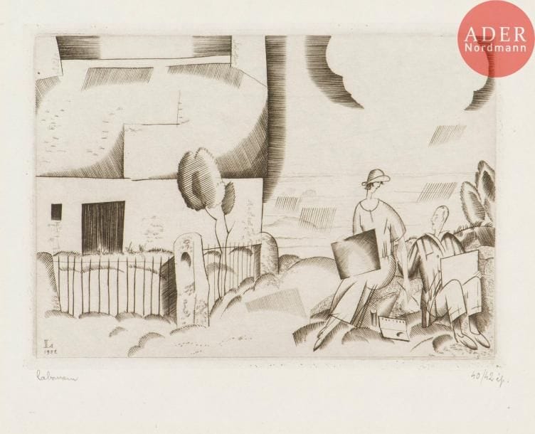 Jean-Émile Laboureur (1877-1943)
Les Aquarellistes. 1922. Burin. 132 x 94. Laboureur 237. Très belle épreuve sur vélin blanc mince, signée et numérotée au crayon. Toutes marges. Tirage à 42 épreuves.
