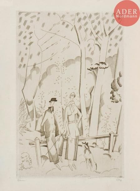 Jean-Émile Laboureur (1877-1943)
En forêt. 1922. Burin. 140 x 217. Laboureur 247. Très belles épreuves sur vélin mince, des 1er et 2e états (sur 2), signées et numérotées. Légère oxydation marginale à la 1re. Toutes marges. Tirage définitif à 64 épreuves. Ens. 2 p.