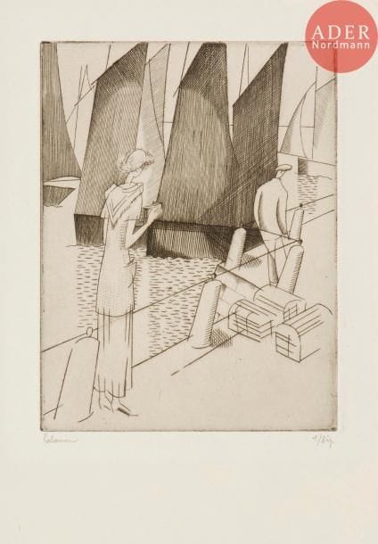 Jean-Émile Laboureur (1877-1943)
La Photographe. 1923. Burin. 95 x 122. Laboureur 264. Très belles épreuves sur vélin blanc, des 1er et 2e états, signées et numérotées au crayon. Toutes marges. Tirage définitif à 55 épreuves. Timbre sec : Jacquart éditeur, Paris (Lugt non décrit) à la 1re. Joint : Le Croquis sur le port (carte de vœux). 1923. Burin. 70 x 97. Laboureur 269. Très belle épreuve sur vélin mince, du 1er état (sur 2), avant la lettre, signée et numérotée au crayon. Toutes marges. Tirage à 20 épreuves. Ens. 3 p.