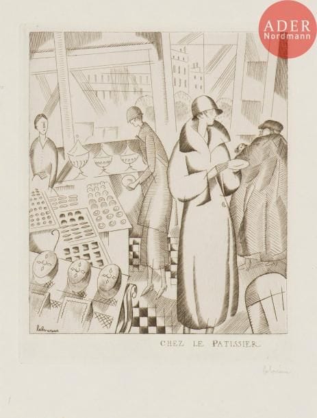 Jean-Émile Laboureur (1877-1943)
Chez le pâtissier. 1924. Burin. 115 x 137. Laboureur 278. Très belles épreuves sur vélin blanc, des 1er et 3e états (sur 3), signées au crayon, la 1re numérotée. Toutes marges. Ens. 2 p.