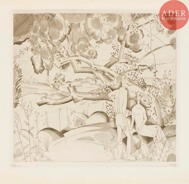 Jean-Émile Laboureur (1877-1943)
 [Tennis]. Le Vieux poirier. 1925. Burin. 280 x 257. Laboureur 293. Très belle épreuve sur vélin blanc, l’une des 9 du 3e état (sur 5), avant de nouveaux travaux, signée et numérotée au crayon, puis annotée en pied « épreuve d’état ». Traces claires d’oxydation en tête et en pied du feuillet. Toutes marges. Joint : Le Tennis. (Pl. pour Petits et grands verres). 1926. Burin. 100 x 140. Laboureur 342-5. Très belle épreuve sur vélin blanc, signée au crayon. Toutes marges. Ens. 2 p.