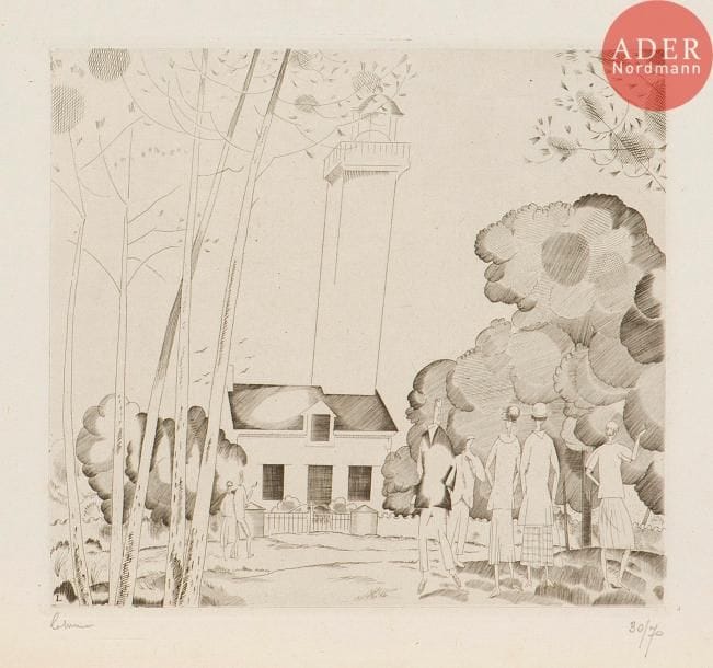 Jean-Émile Laboureur (1877-1943)
La Promenade au phare. 1925. Burin. 180 x 165. Laboureur 302. Belle épreuve sur vergé ancien, signée et numérotée au crayon. Toutes marges (deux d’entre elles irrégulièrement déchiquetées – d’origine). Timbre sec : H. Petiet éditeur Paris (Lugt 2021a).