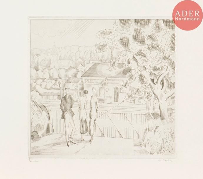 Jean-Émile Laboureur (1877-1943)
La Petite station. 1927. Burin. 200 x 190. Laboureur 354. Très belle épreuve sur vélin blanc, signée au crayon et annotée « ép. d’artiste ». Toutes marges. Tirage total à env. 80 épreuves.