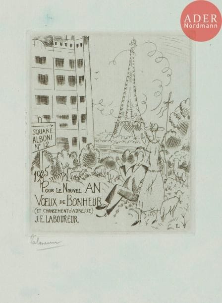 Jean-Émile Laboureur (1877-1943)
Cartes de vœux et ex-libris. Eau-forte. Formats divers. Réunion de 13 très belles épreuves sur différents papiers, certaines en épreuves d’états, nombre d’entre elles signées au crayon. Joint : dessin préparatoire sur calque à l’un des sujets. Quelques rares infimes accidents. Toutes marges. Ens. 14 p.