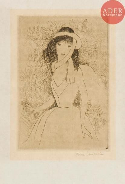 Marie Laurencin (1883-1956)
L’Anglaise. 1921. Eau-forte. 120 x 180. Marchesseau 51. Belle et rare épreuve sur vergé mince, du 1er état (sur 4), avant de nouveaux travaux, signée au crayon, annotée en pied par J.-É. Laboureur (tireur de l’artiste) : « 1er état » et titrée. Trace d’oxydation à l’ouverture d’un ancien montage. Toutes marges. Tirage définitif à 45 épreuves. Ex-coll. M. Guérin (Lugt 1872b).