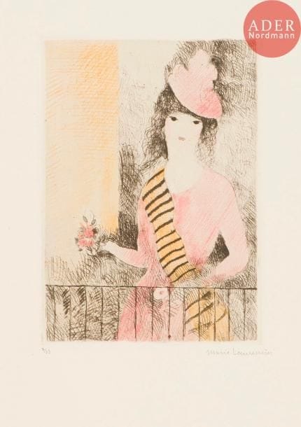 Marie Laurencin (1883-1956)
Jeune fille au balcon. (Pl. pour Le Nouveau langage des fleurs). 1925. Eau-forte et roulette. 150 x 210. Marchesseau 84. Impression en couleurs. Très belle épreuve sur vélin, numérotée et signée au crayon. Toutes marges. Tirage à 33 épreuves. Joint : même sujet. Très belle épreuve sur vélin, de la planche de noir seule, signée au crayon. Toutes marges. Ens. 2 p.