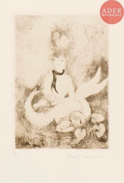 Marie Laurencin (1883-1956)
La Sirène aux nénuphars. (Pl. pour Le Nouveau langage des fleurs). 1925. Eau-forte. 150 x 208. Marchesseau 85. Très belle épreuve sur vélin, numérotée et signée au crayon. Courts plis cassés dans l’angle inférieur droit. Toutes marges. Tirage à 33 épreuves.