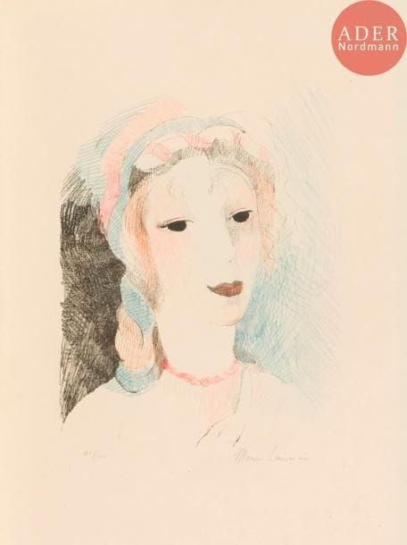Marie Laurencin (1883-1956)
La Duchesse de Longueville. 1930. Lithographie. 235 x 320. Marchesseau 147. Très belle épreuve sur simili-japon, numérotée et signée au crayon, largement rehaussée aux crayons de couleurs. Toutes marges. Tirage à 100 épreuves. Timbre sec : Jacquart éditeur, Paris (Lugt non décrit).