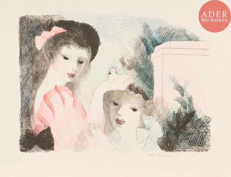 Marie Laurencin (1883-1956)
Les Enfants du château. 1930. Lithographie. 385 x 285. Marchesseau 157. Très belle épreuve sur vélin fort de la pierre-clé tirée en noir, largement rehaussée aux crayons de couleurs et signée au crayon. Toutes marges.