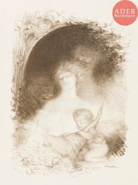 Charles Léandre (1862-1934)
La Femme riche chez Minot. Vers 1900. Lithographie. 225 x 325. Buron 22-32. Impression en brun. Très belle épreuve sur japon fort, numérotée au crayon en pied. Empoussiérage et rousseurs aux bords du feuillet. Quelques fins plis cassés. Toutes marges non ébarbées.