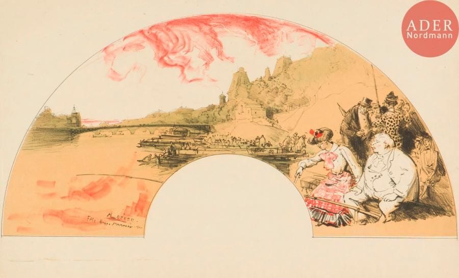 Auguste Lepère (1849-1918)
Éventail pour la fête Henry Monnier. 1904. Lithographie. 495 x 245. Lotz-Brissonneau 310 ; I.F.F. 194. Impression en couleurs. Très belle et fraîche épreuve sur vélin crème. Toutes marges.