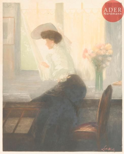Alméry Lobel-Riche (1877-1950)
Femme à la fenêtre. Vers 1900. Aquatinte et eau-forte. 470 x 575. Impression en couleurs. Très belle épreuve sur vergé, signée au crayon rouge. Forte oxydation du feuillet en tête. Infimes accidents aux bords du feuillet. Toutes marges.