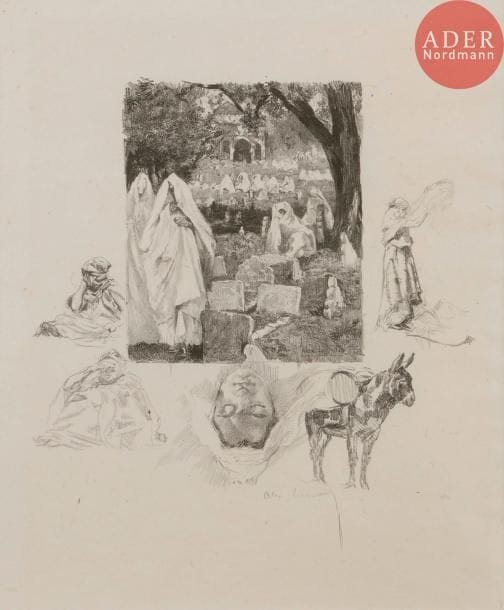 Alexandre Lunois (1863-1916)
Cimetière algérien (Tlemcen). 1892. Lithographie. 225 x 210. I.F.F. 29. Très belle épreuve avec remarques, sur chine volant, signée au crayon. Belles marges. Cadre.