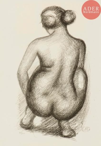 Aristide Maillol (1861-1944)
Femme nue assise sous un arbre. 1895. Zincographie. 195 x 207. Guérin 264. Très belle épreuve sur vélin glacé, antérieure au tirage pour L’Épreuve album d’art. Toutes marges. Joint : Femme accroupie de dos. 1925. Lithographie. 135 x 235. Guérin 283. Très belle épreuve sur vélin fort, numérotée et signée du monogramme au crayon. Toutes marges. Tirage à 10 épreuves pour L’Art d’aujourd’hui, Morancé éd. Ens. 2 p.
