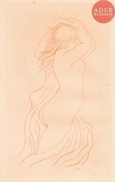 Aristide Maillol (1861-1944)
Femme nue de profil, bras relevés au-dessus de la tête. 1926. Lithographie. 165 x 315. Guérin 276. Impression en sanguine. Très belle épreuve sur vélin fort, signée du monogramme au crayon. Trace d’oxydation à l’ouverture d’un ancien montage. Quelques rousseurs claires éparses. Annotation de l’éditeur Frapier au crayon en pied : « Essai : épreuve unique en ce ton ». Toutes marges. Tirage définitif à 60 épreuves.