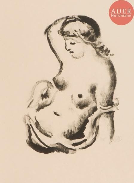 Aristide Maillol (1861-1944)
Femme assise vue à mi-corps. 1927. Lavis lithographique. 130 x 185. Guérin 290. Très belle épreuve sur japon, signée du monogramme par l’artiste et numérotée en pied par l’éditeur. Toutes marges. Timbre sec : H. Petiet éditeur Paris (Lugt 2021a).