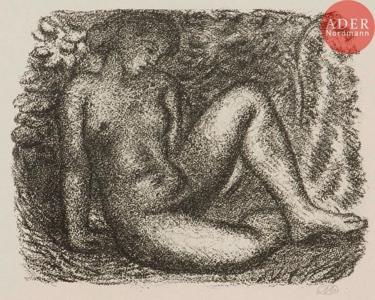 Aristide Maillol (1861-1944)
Femme nue assise sous des feuillages. 1927. Lithographie. 230 x 180. Guérin 291. Très belle et fraîche épreuve sur vergé gris, signée du monogramme par l’artiste et annotée en pied par l’éditeur au crayon « Epreuve d’artiste 1/15 ». Toutes marges. Timbre sec : H. Petiet éditeur Paris (Lugt 2021a).
