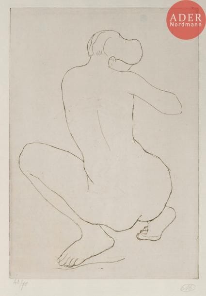 Aristide Maillol (1861-1944)
Femme accroupie de dos. 1926. Eau-forte. 167 x 238. Guérin 322. Très belle épreuve sur vergé ancien, numérotée au crayon par l’éditeur et signée du monogramme par l’artiste. Toutes marges. Timbre sec : H. Petiet éditeur Paris (Lugt 2021a).