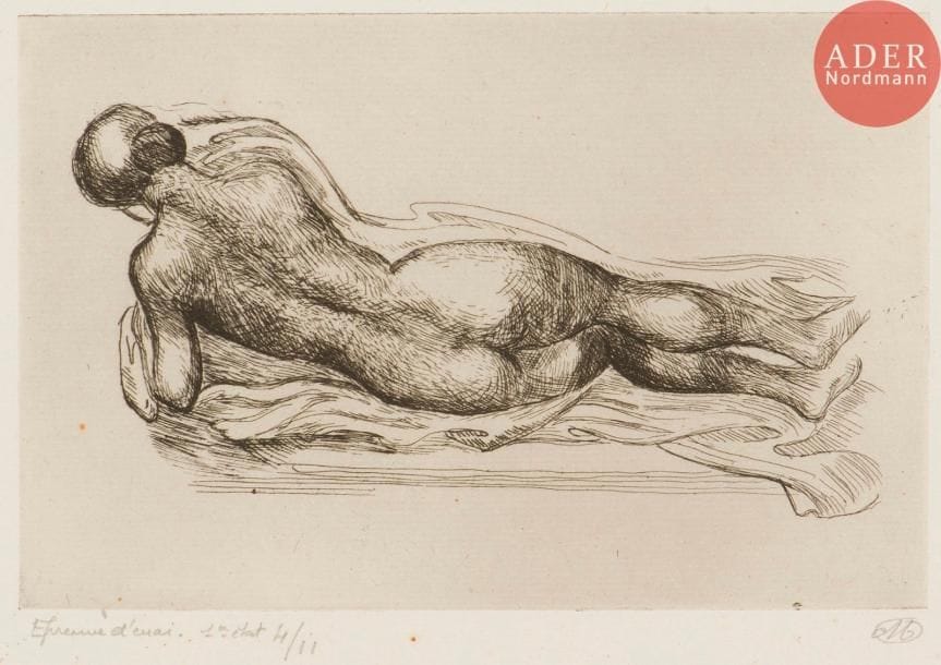 Aristide Maillol (1861-1944)
Femme étendue à la draperie (petite pl.) ; Femme étendue à la draperie (grande pl.). 1926. Eau-forte. 155 x 120 et 204 x 135. Guérin 323 et 324. Très belles épreuves sur vergé ancien, la 1re numérotée, la 2e annotée au crayon « Epreuve d’essai 1er état 4/11 », signées du monogramme. Toutes marges (un bord effrangé, d’origine). Ens. 2 p.