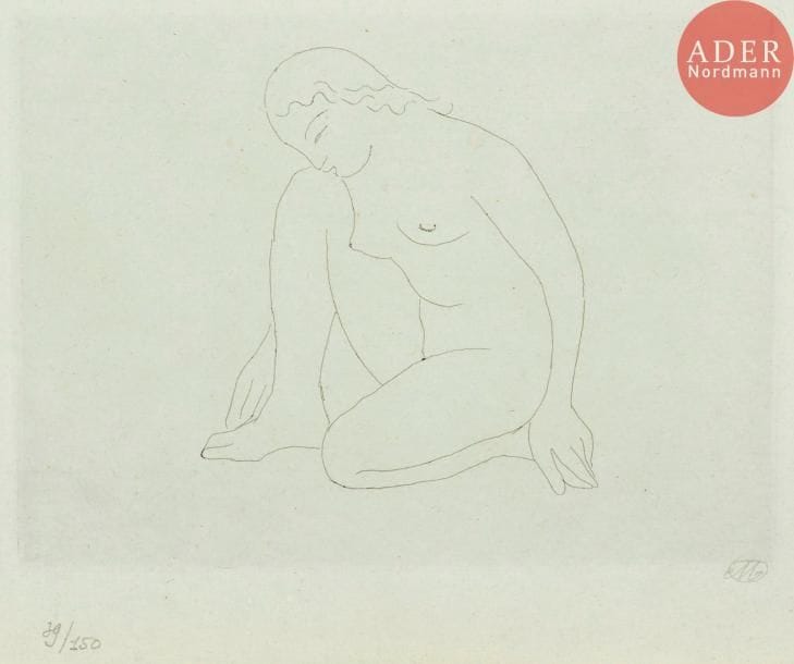 Aristide Maillol (1861-1944)
Femme agenouillé sur le genou gauche… ; Souvenir du monument de Debussy. 1927-1929. Eau-forte. 272 x 210 et 235 x 175. Guérin 327 et 328. Très belles épreuves sur vergé de Montval et vergé ancien azuré, numérotées par l’éditeur et signées du monogramme au crayon. Toutes marges. Tirage à 150 épreuves. Timbre sec : H. Petiet éditeur Paris (Lugt 2021a). Ens. 2 p.