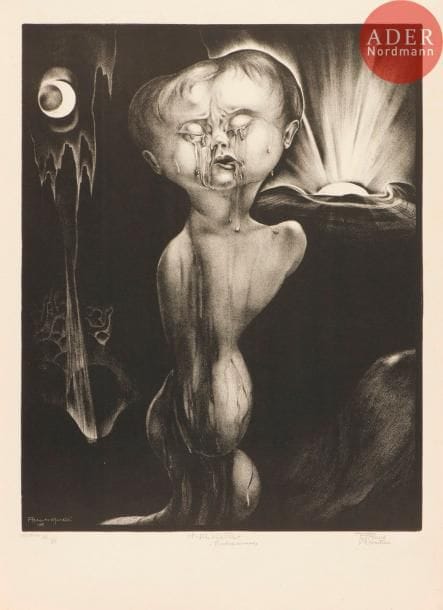 Alberto Martini (1876-1954)
Nascita. (Pl. pour Misteri). 1915. Lithographie. 420 x 532. Très belle épreuve sur vélin, titrée, numérotée et signée au crayon. Courtes déchirures en tête, consolidées au verso. Traces de plis marginales. Restes de colle oxydés le long du bord supérieur au verso. Toutes marges. Tirage à 50 épreuves. Timbre sec : Libreria Prandi.
