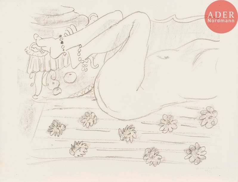 Henri Matisse (1869-1954)
Nu. Étude d’un mouvement de jambes. 1929. Lithographie. 555 x 433. Duthuit-Garnaud 501. Très belle épreuve sur vélin, signée et numérotée au crayon. Infimes taches claires rousses au bord inférieur gauche du feuillet. Traces d’empoussiérage au verso. Toutes marges (celle du haut légèrement irrégulière à droite – d’origine).