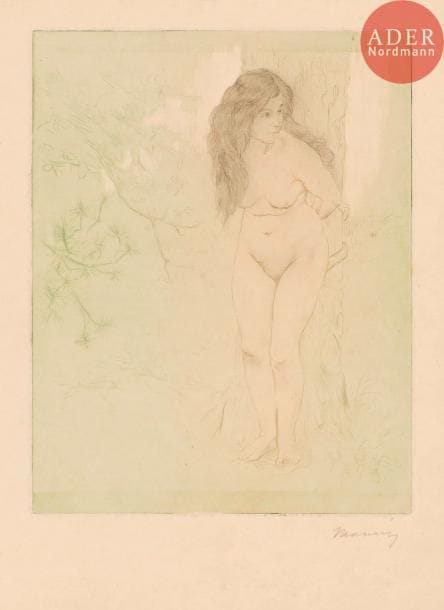 Charles Maurin (1856-1914)
Femme attachée à un arbre. Vers 1896. Pointe sèche. 182 x 232. Impression en couleurs. Très belle épreuve sur japon fort, signée au crayon. Traces de colle dans les angles au verso. Toutes marges.
