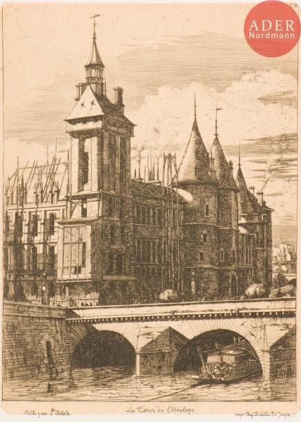 Charles Méryon (1821-1868)
La Tour de l’Horloge. 1852. Eau-forte. 185 x 262. Delteil 28 ; Schneiderman 23. Très belle épreuve sur bulle chamois appliqué, du 6e état (sur 10), avant de nouveaux travaux. Quelques rousseurs claires sur le support. Fine bande d’oxydation aux bords du feuillet. Toutes marges. Tirage de L’Artiste.