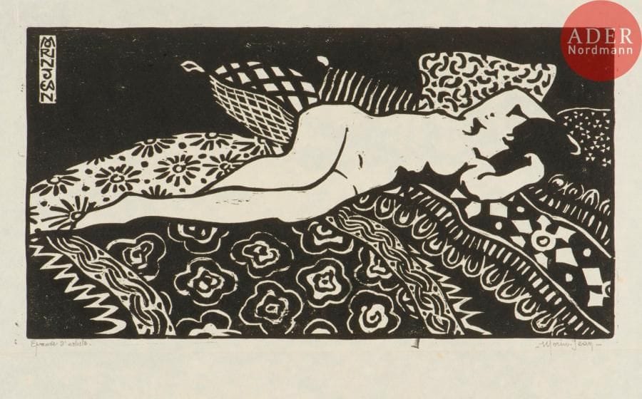 Morin-Jean (Jean-Alexis Morin, dit) (1877-1940)
Femme nue allongée. Bois gravé. 335 x 180. Belle épreuve sur japon mince, justifiée « Epreuve d’artiste » et signée au crayon. Petite maculature sous le sujet en pied. Long pli horizontal médian à 5 mm sous le sujet. Toutes marges.