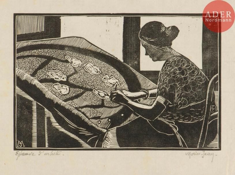 Morin-Jean (Jean-Alexis Morin, dit) (1877-1940)
La Tapissière. Bois gravé. 225 x 150. Belle épreuve sur japon vergé mince, justifiée « Epreuve d’artiste » et signée au crayon. Rousseurs claires éparses et plis cassés le long du bord droit. Toutes marges.