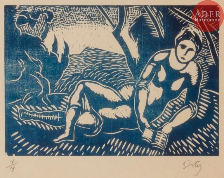 Manuel Ortiz de Zarate (1886-1946)
Femme nue lisant sous un arbre. Vers 1940. Gravure sur linoléum. 197 x 135. Impression en bleu nuit. Bonne épreuve sur vélin, numérotée et signée au crayon. Long pli cassé horizontal en travers du sujet. Marges. Tirage à 24 épreuves. Cadre.