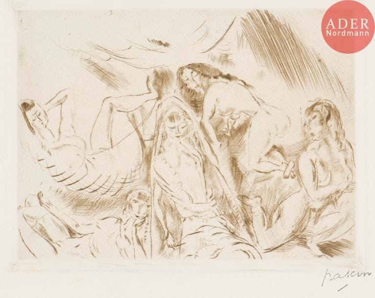 Jules Pascin (Julius Mordecai Pincas, dit) (1885-1930)
La Sieste. 1916. Pointe sèche. 155 x 119. Rambert 67. Très belle épreuve tirée en noir bistré sur vélin, timbrée (Lugt 2014a). Quelques légères rousseurs et taches claires. Infime manque dans l’angle inférieur gauche. Toutes marges. Ex-coll. H.-M. Petiet (L. 5031).
