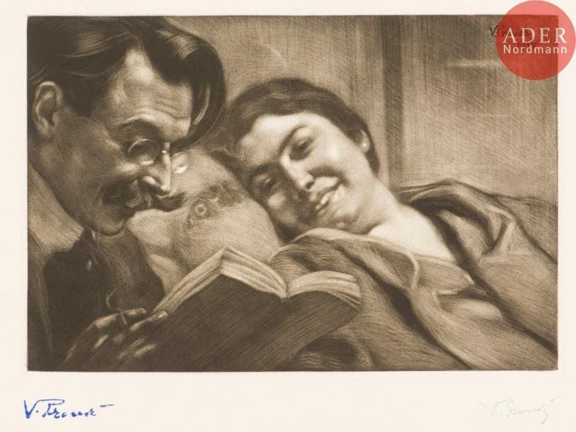Victor Prouvé (1858-1943)
Saint-Just Péquart et sa femme Marthe. 1916. Vernis mou et roulette. 353 x 240. Très belle épreuve sur vélin fort, numérotée et signée au crayon. Légère oxydation et empoussiérage aux bords du feuillet. Toutes marges. Timbre de l’atelier au recto (Lugt non décrit). 

 Saint-Just Victor Péquart (1881-1944) est un industriel, archéologue et préhistorien français. Il a partagé ses activités entre la Lorraine et divers chantiers de fouille, principalement en Bretagne et en Ariège. Il a également été un important collectionneur d’art, notamment de l’École de Nancy dont il fréquentait les artistes. À ce titre, il fut mécène de Jules Cayette et Jean Prouvé. » (Source : Wikipédia).