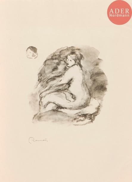 Pierre-Auguste Renoir (1841-1917)
Étude de femme nue, assise. 1904. (Pl. de la suite des Douze Lithographies originales de Pierre-Auguste Renoir. A. Vollard, 1919). Lithographie. 165 x 200. Delteil, Stella 42. Parfaite épreuve sur vélin, avec la signature imprimée. Toutes marges non ébarbées.