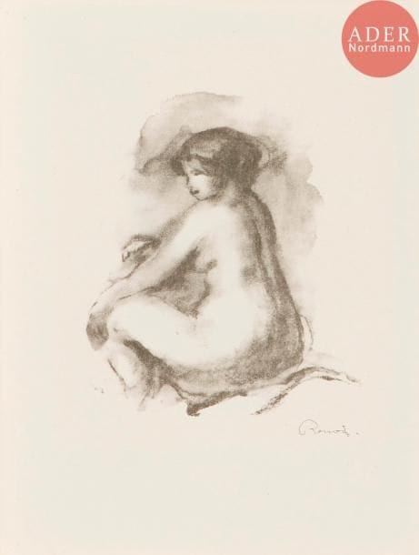 Pierre-Auguste Renoir (1841-1917)
Étude de femme nue, assise, variante. 1904. (Pl. de la suite des Douze Lithographies originales de Pierre-Auguste Renoir. A. Vollard, 1919). Lithographie. 160 x 195. Delteil, Stella 43. Très belle épreuve sur japon, avec la signature imprimée. Deux plis cassés au bord supérieur droit, deux autres plus courts au bord inférieur droit. Toutes marges.