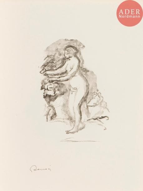 Pierre-Auguste Renoir (1841-1917)
Femme au cep de vigne. 1904. (Pl. de la suite des Douze Lithographies originales de Pierre-Auguste Renoir. A. Vollard, 1919). Lithographie. 120 x 223. Delteil, Stella 44. Parfaite épreuve sur vélin, avec la signature imprimée. Toutes marges non ébarbées.