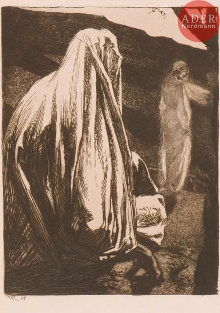 Marcel Roux (1878-1922) 
La Femme s’éloigne. (Pl. 5 pour L. Mercier, Lazare ressuscité, éd. Lardanchet, 1908). Eau-forte et aquatinte. 180 x 245. Belle épreuve sur chine appliqué. Fortes rousseurs sur le support. Toutes marges.