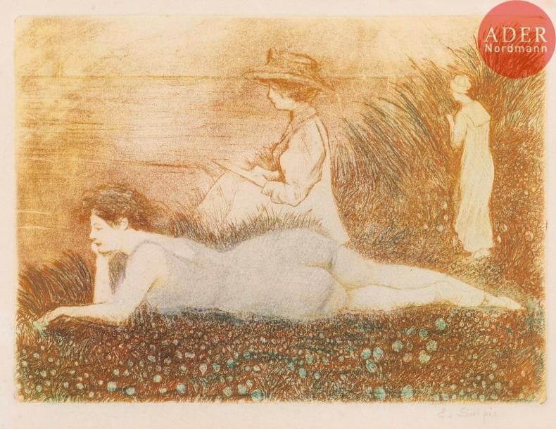 Émile-Jean Sulpis (1856-1942) 
Trois femmes au bord de l’eau. Eau-forte. 210 x 152. Impression en couleurs et en bronze doré. Très belle épreuve sur vélin, signée au crayon. Trace claire d’oxydation au verso. Toutes marges.