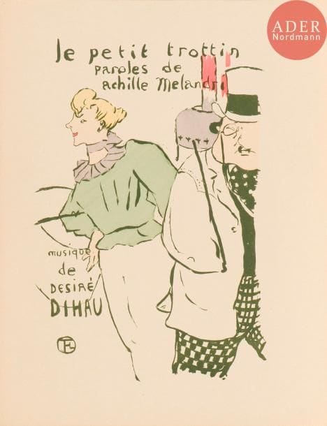 Henri de Toulouse-Lautrec (1864-1901)
Le Petit trottin. 1893. Lithographie. 195 x 270. Delteil 27 ; Wittrock 14. Très belle et fraîche épreuve tirée en vert olive sur vélin, coloriée au pochoir, d’un tirage effectué après 1901. Toutes marges.