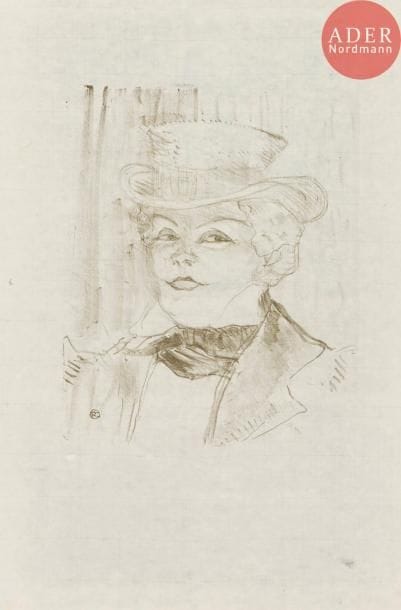 Henri de Toulouse-Lautrec (1864-1901)
Madame Réjane. 1898. Lithographie. 242 x 294. Delteil 266 ; Wittrock 266. Très belle et fraîche épreuve tirée en brun bistré sur japon vergé mince, l’indentation de la pierre très visible ainsi que la fêlure dans l’angle supérieur gauche. Petites amincissures d’origine dans la texture du papier. Toutes marges.