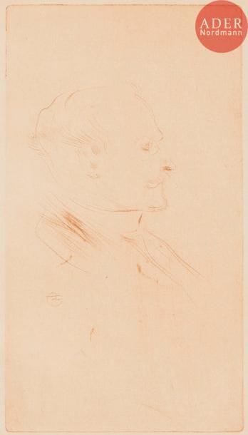 Henri de Toulouse-Lautrec (1864-1901)
W. H. B. Sands, éditeur ; Portrait de M. X. (Adrien Hébrard). 1898. Pointe sèche. 117 x 210 et 104 x 170. Delteil 5 et 8 ; Wittrock 247 et 246. Belles épreuves sur japon, du 2e tirage effectué pour l’ouvrage de H. Floury, Henri de Toulouse-Lautrec 1864-1901 Dessins-Estampes-Affiches, M. Joyant éd., 1927. La 1re tirée en sanguine. Bande d’oxydation le long du bord gauche à la 1re, forte trace d’oxydation en travers du feuillet à la 2e. Toutes marges. Ens. 2 p.