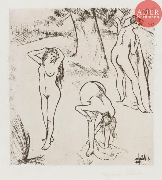 Suzanne Valadon (1865-1938)
Femmes nues sous les arbres. 1904. Eau-forte et vernis mou. 225 x 240. Belle épreuve sur vergé mince filigrané « L’Ecolier », soigneusement lavée, signée au crayon. Toutes marges.